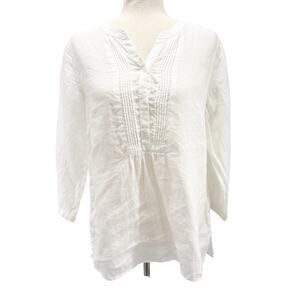 Talbots white 100% linen Peasant Top women's MEDIUM pleated v-neck 3/4 sleeves